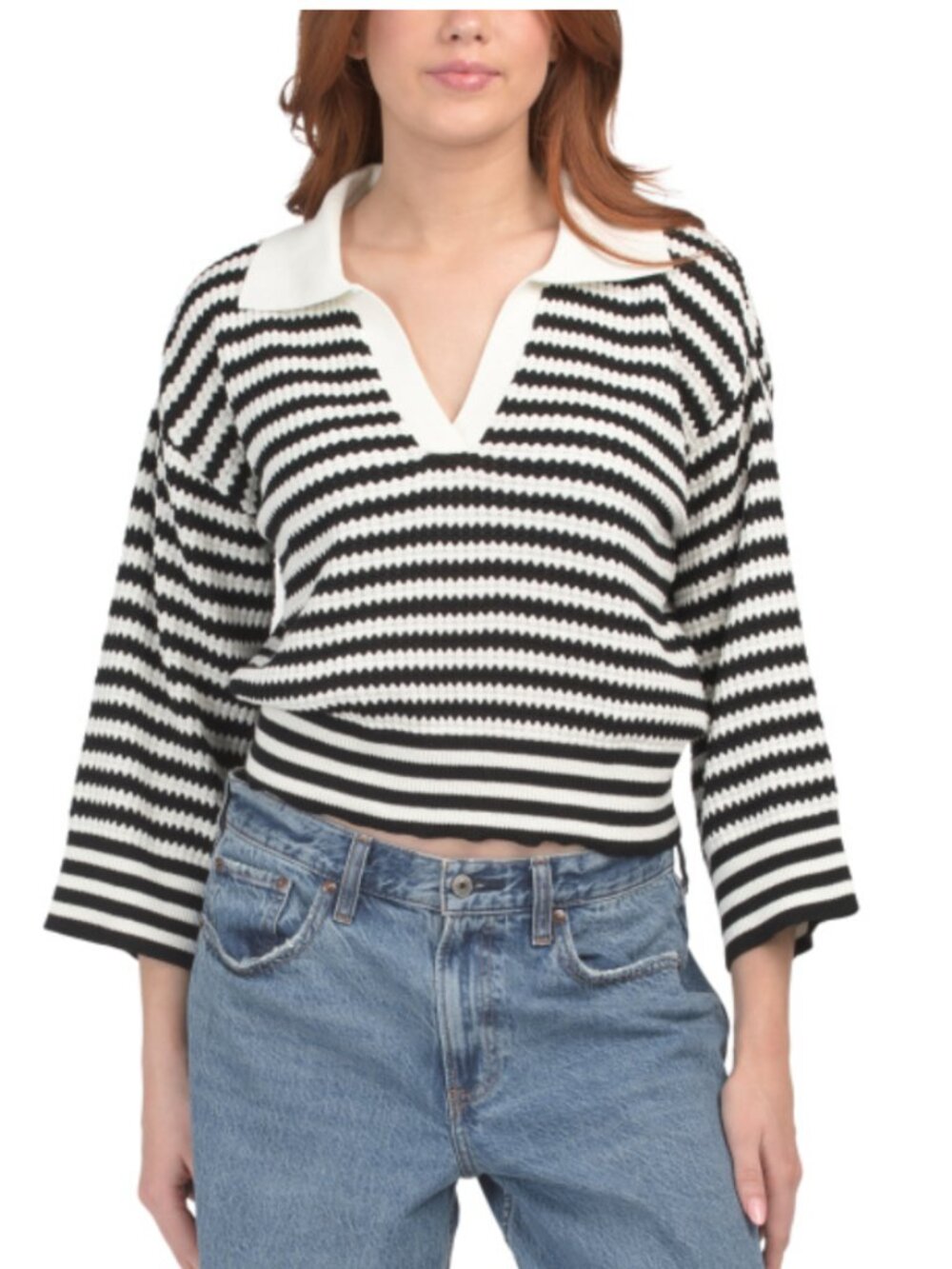 NWT ELLEN TRACY Sweater Knit Polo Collar Long Sleeve White Black Stripe Top